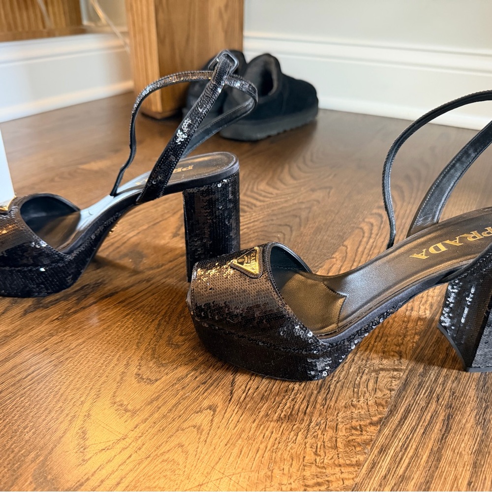 Prada Black Sequin Slingback Heels with Gold Logo Plaque - Picture 2 of 6